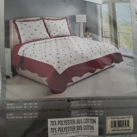 Brand New Marina Decoration Red and White Floral Queen Quilt Set - 2-Pie… - Picture 6 of 7